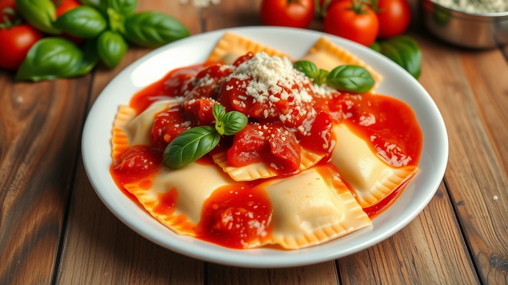 Homemade Ravioli with Rich Tomato Sauce A plate of ravioli with tomato sauce, garnished with basil and Parmesan cheese.
